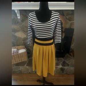 NWT Young Threads Sz M Dress Striped Mustard Yellow Pleated Midi Slimming A Line